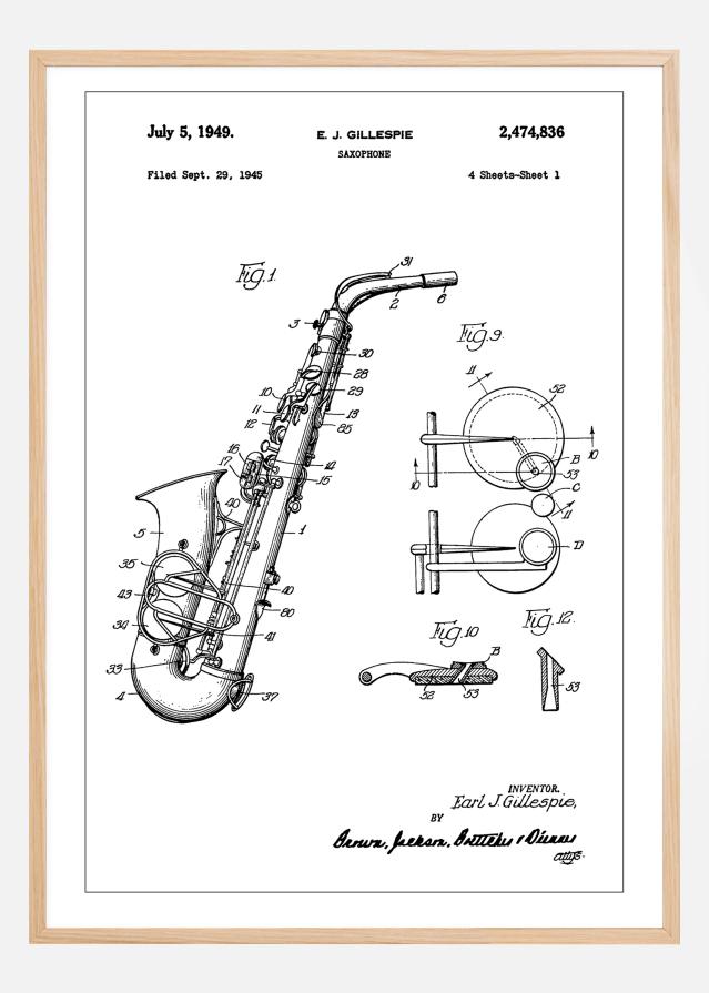 Patent Print - Saxophone - White Plakāts