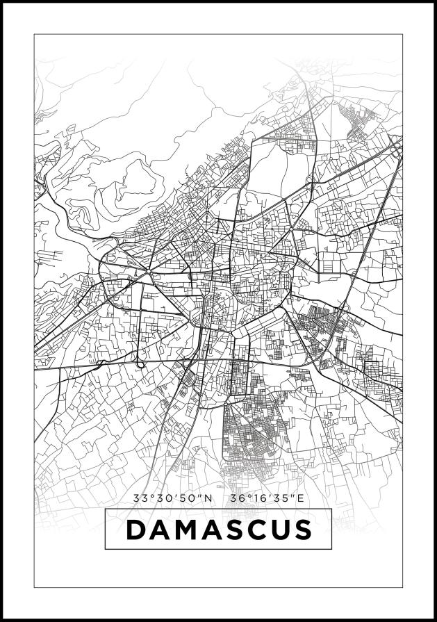 Karte - Damascus - Balts Plakāts