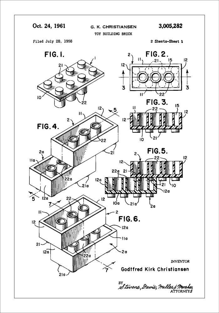 Patent Print - Lego Block I - White Plakāts