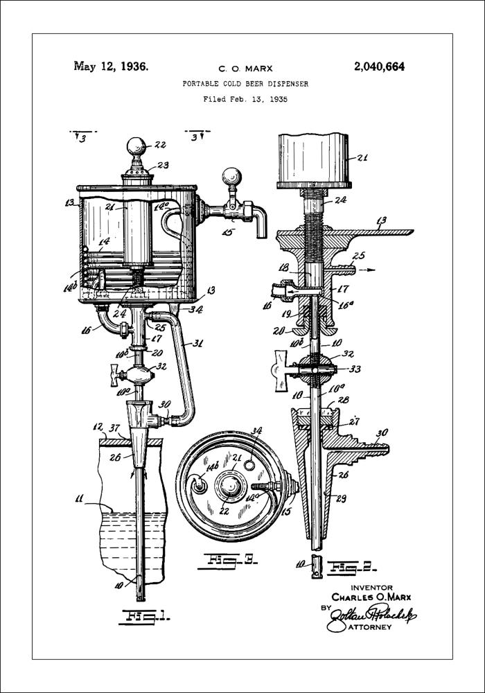 Patent Print - Portable Cold Beer Dispenser - White Plakāts