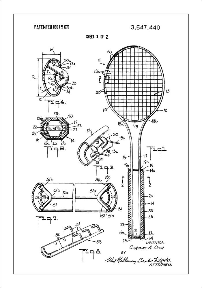 Patent Print - Tennis Racket - White Plakāts