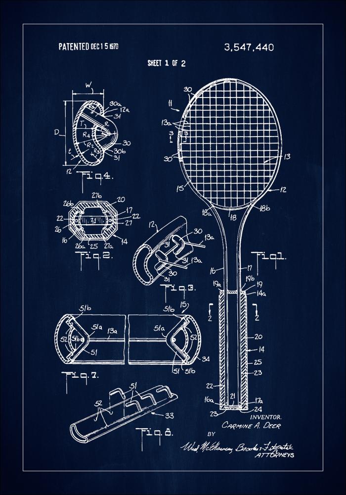 Patent Print - Tennis Racket - Blue Plakāts