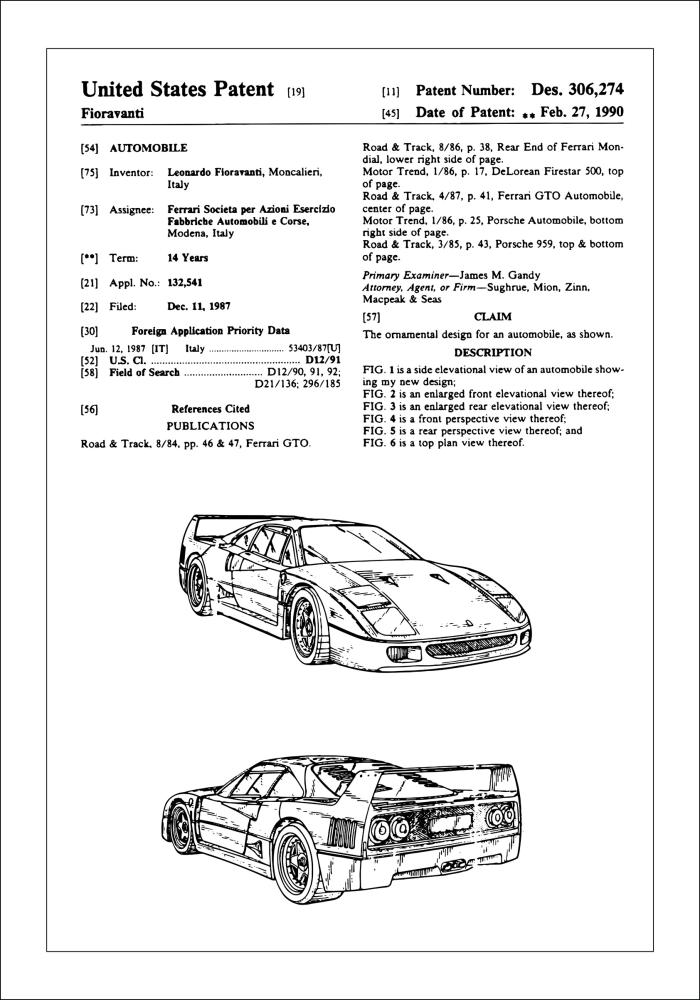 Patenta rasējums - Ferrari F40 x Plakāts