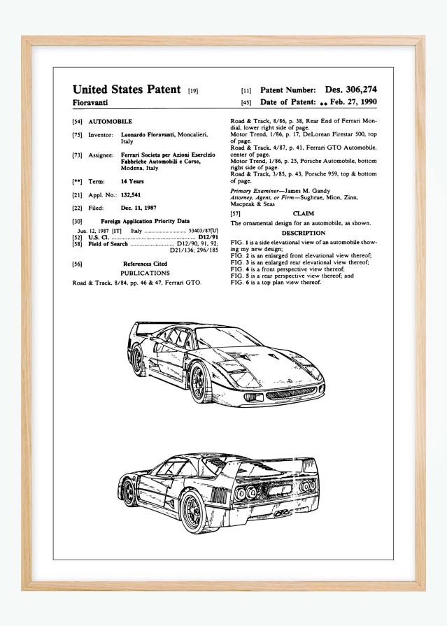 Patenta rasējums - Ferrari F40 x Plakāts