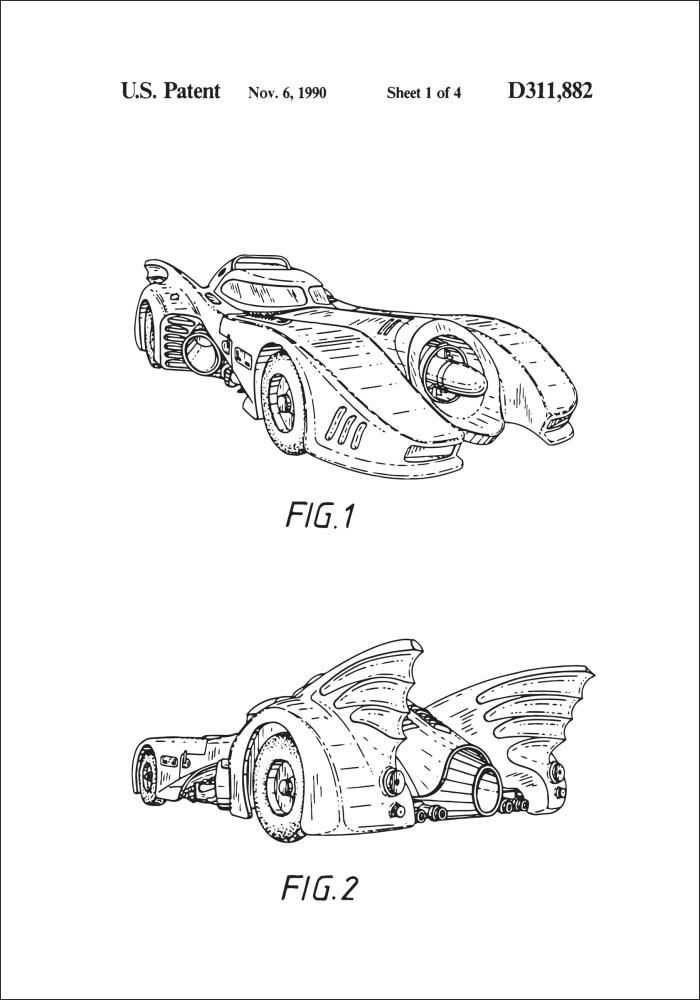 Patenta rasējums - Batman - Batmobile 1990 x Plakāts