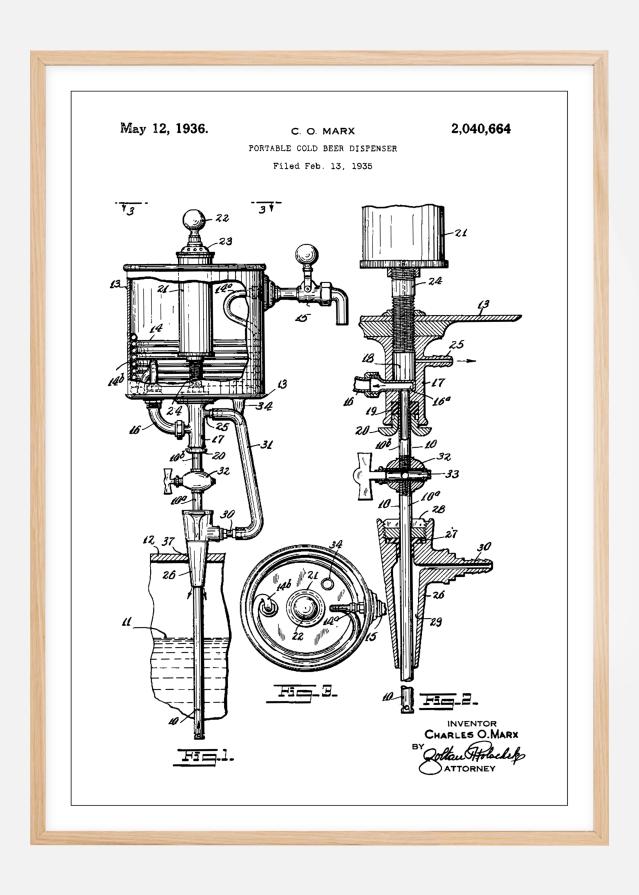 Patent Print - Portable Cold Beer Dispenser - White Plakāts