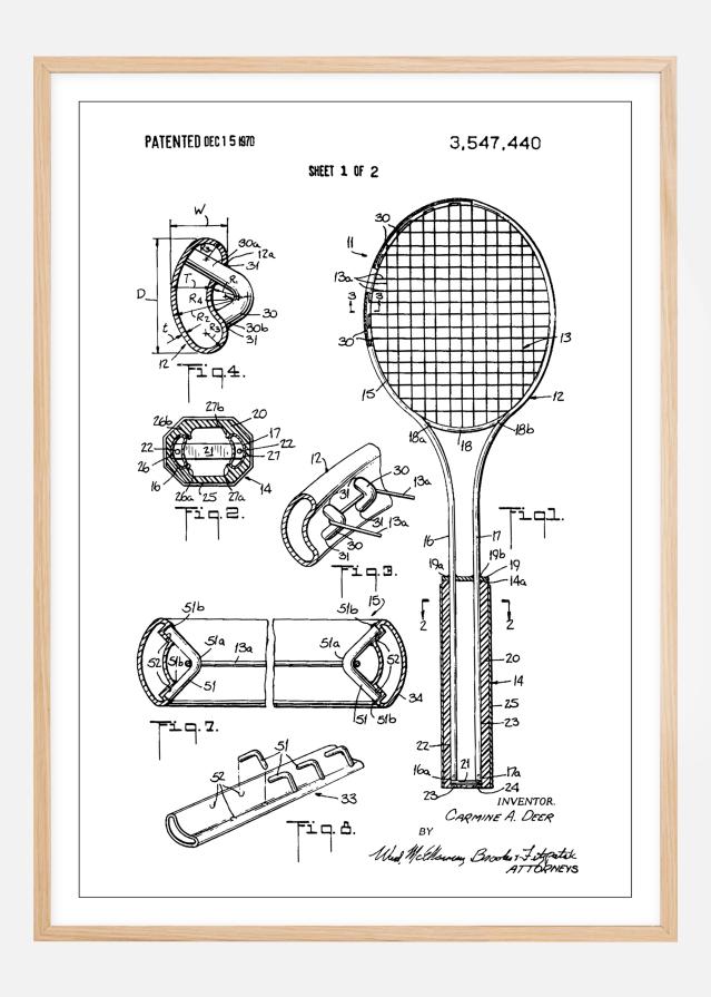 Patent Print - Tennis Racket - White Plakāts