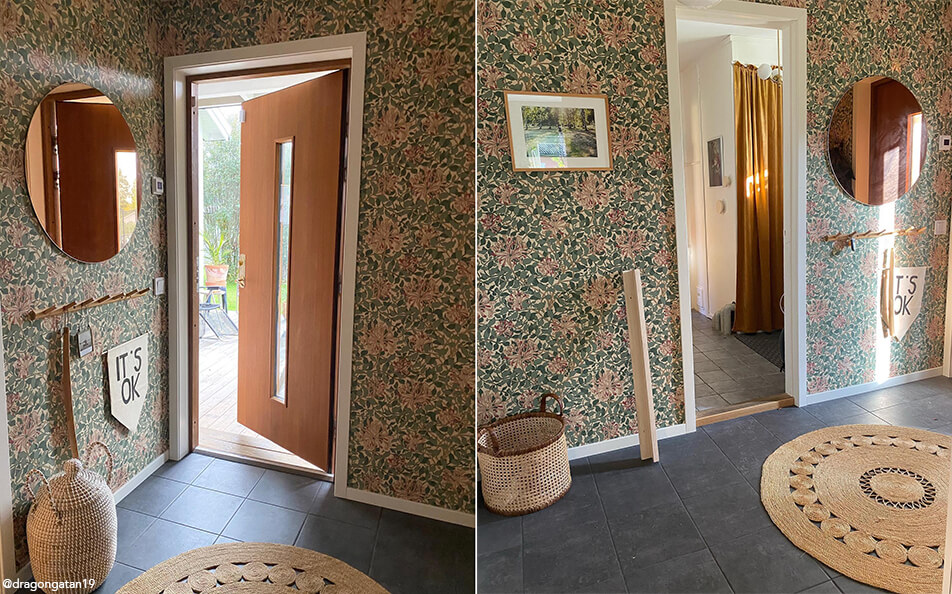 Ziedu tapetes priekšnamā, apaļais spogulis ar tonētu stiklu