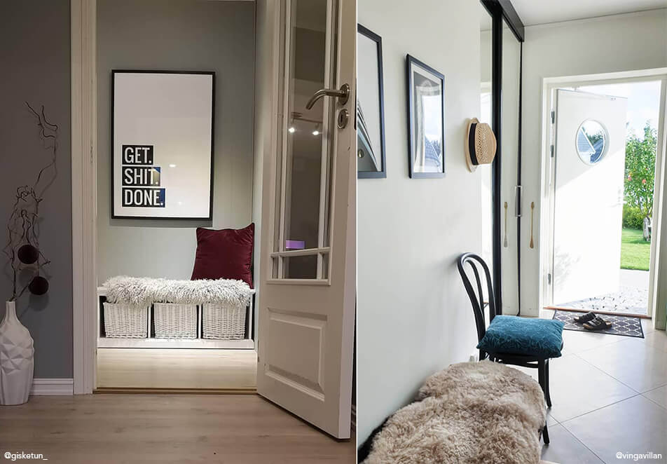 Priekšnama iekārtojums - sēdēšanas sola ar glabāšanu, melns krēsls un gleznas