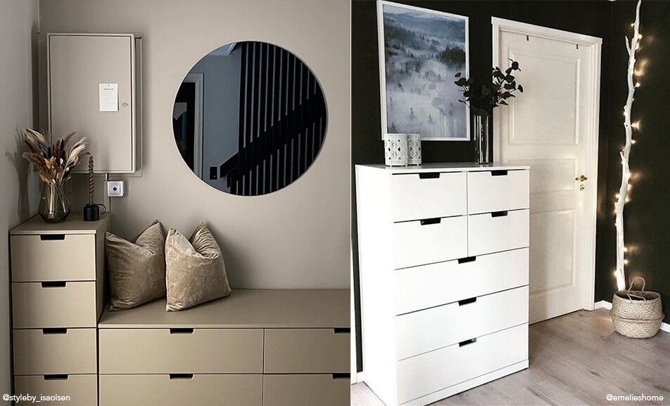 Priekšnama iekārtojums - sēdēšanas sola ar glabāšanu un balta kumode